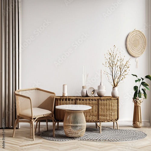 Home interior mock-up with rattan furniture, table and decor in living room, 3d render