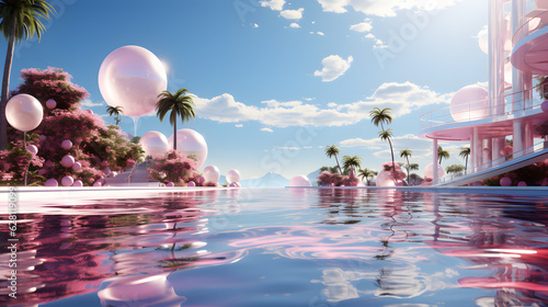 3d render of pink pool with palm trees in the background.Futuristic island with palm trees and sphere