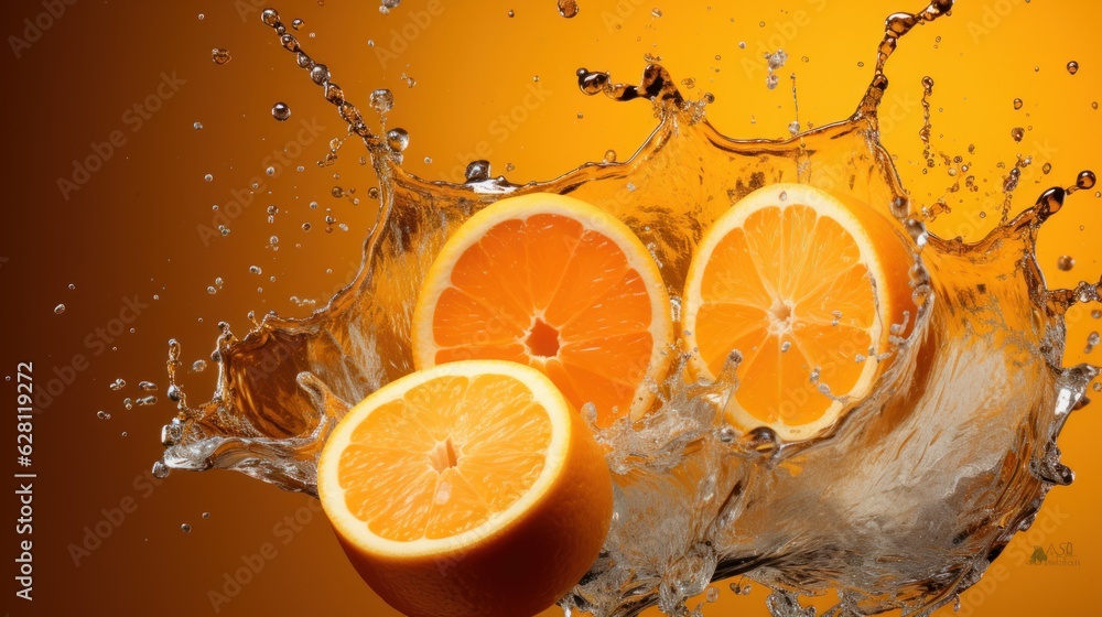 A cinematic shot of orange fruits falling with water splash, for commercial use, orange juice A cinematic shot of orange fruits falling with water splash, for commercial use, orange juice