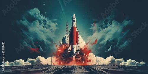 AI Generated. AI Generative. Rocket spaceship shuttle spacecraft launch. Space sgalaxy universe adventure exploration future travel vibe. Graphic Art
