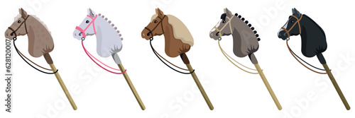 Set of images of toys in the form of a horse's head on a wooden stick. Equipment for hobby horsing on white background.
