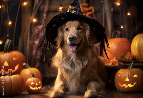 Golden retriever dog dressed up in witch costume with halloween pumpkins