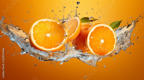 A cinematic shot of orange fruits falling with water splash  for commercial use  orange juice