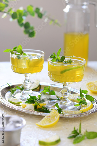 Homemade refreshing summer lemonade drink with lemon slices and mint leaves in glass cups