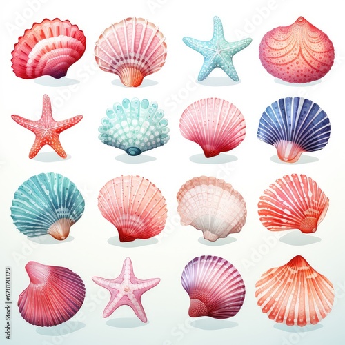 watercolor set of seashells isolated on white, AI Generated