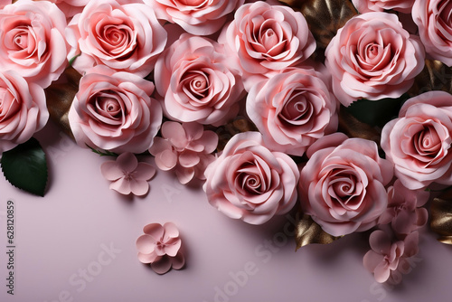 Decorative web banner. Close up of blooming pink roses flowers and petals isolated on pastel background. Floral frame composition. Empty space, flat lay, top view. Generative AI