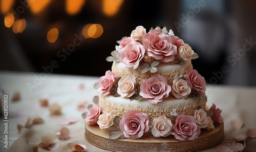 Elegant white wedding cake decorated with flowers from mastic on a white wooden table. Picture for a menu or a confectionery catalog. Top view. with wedding decor . 