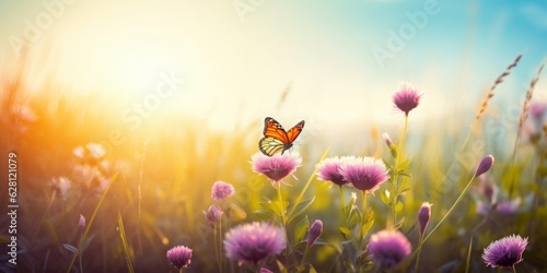 summer nature background with wildflower and butterfly against sunset sky. beautiful summer banner, Generative AI