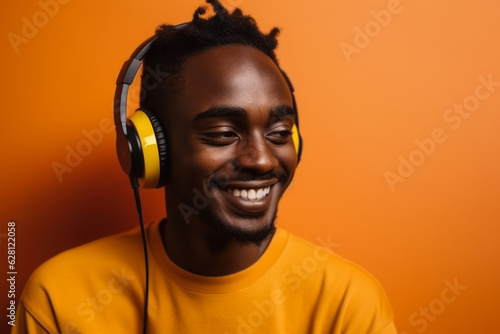 Smiling Young Adult Enjoying Music with Headphones on Colored Background