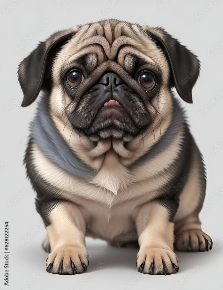 Obraz premium The pug dog sits and looks directly into the camera. Sad big eyes.Generative AI 