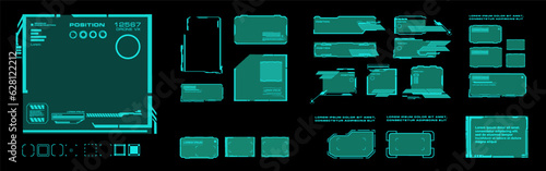 Set modern frames for online browsing or correspondence. HUD user interface elements on black background. Futuristic interface with frames and dialog boxes