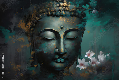 glowing Lotus flowers and gold buddha statue, generative AI 