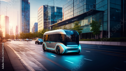 Elektrischer futuristischer Reisebus in der Großstadt, ai generativ