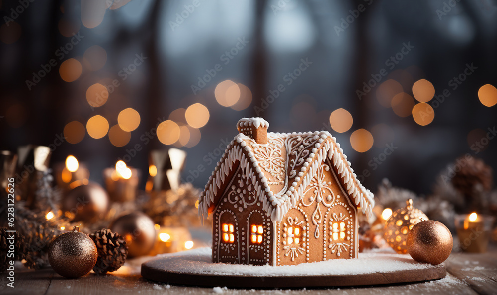 Gingerbread house with glaze standing on table with Christmas decorations, candles and lanterns bokeh lights. Living room with lights and Christmas tree. Holiday mood copy space