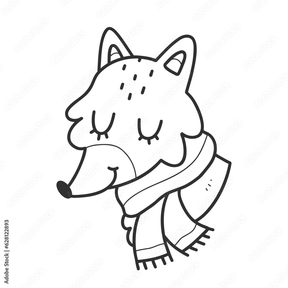 Fototapeta premium Fox doodle. A fox with a scarf in a linear style. Vector isolated illustration on a white background.
