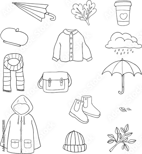 Set of Warm Winter Clothes Outlined. Different types of winter clothes line art including jacket, scarf, mittens, pant, boots, hat, coat, sweater, earmuffs, socks, beanie, and gloves.