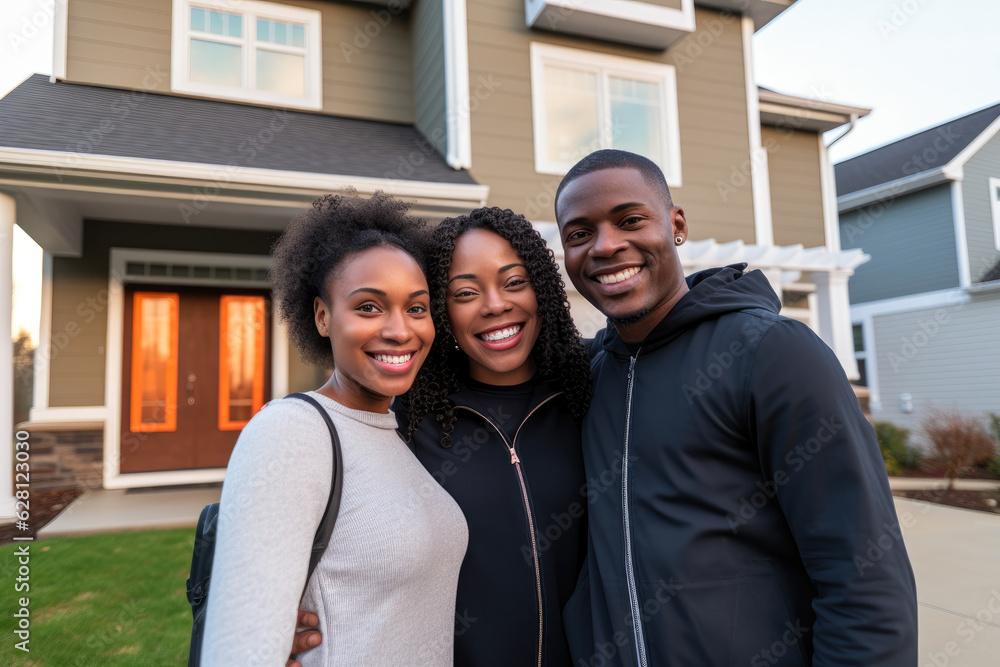 African American family in front of newly purchased house, smiling proudly. Home ownership, real estate and a life goal accomplishment African American family in front of newly purchased house, smiling proudly. Home ownership, real estate and a life goal accomplishment