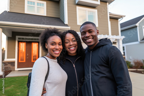 African American family in front of newly purchased house, smiling proudly. Home ownership, real estate and a life goal accomplishment © MVProductions
