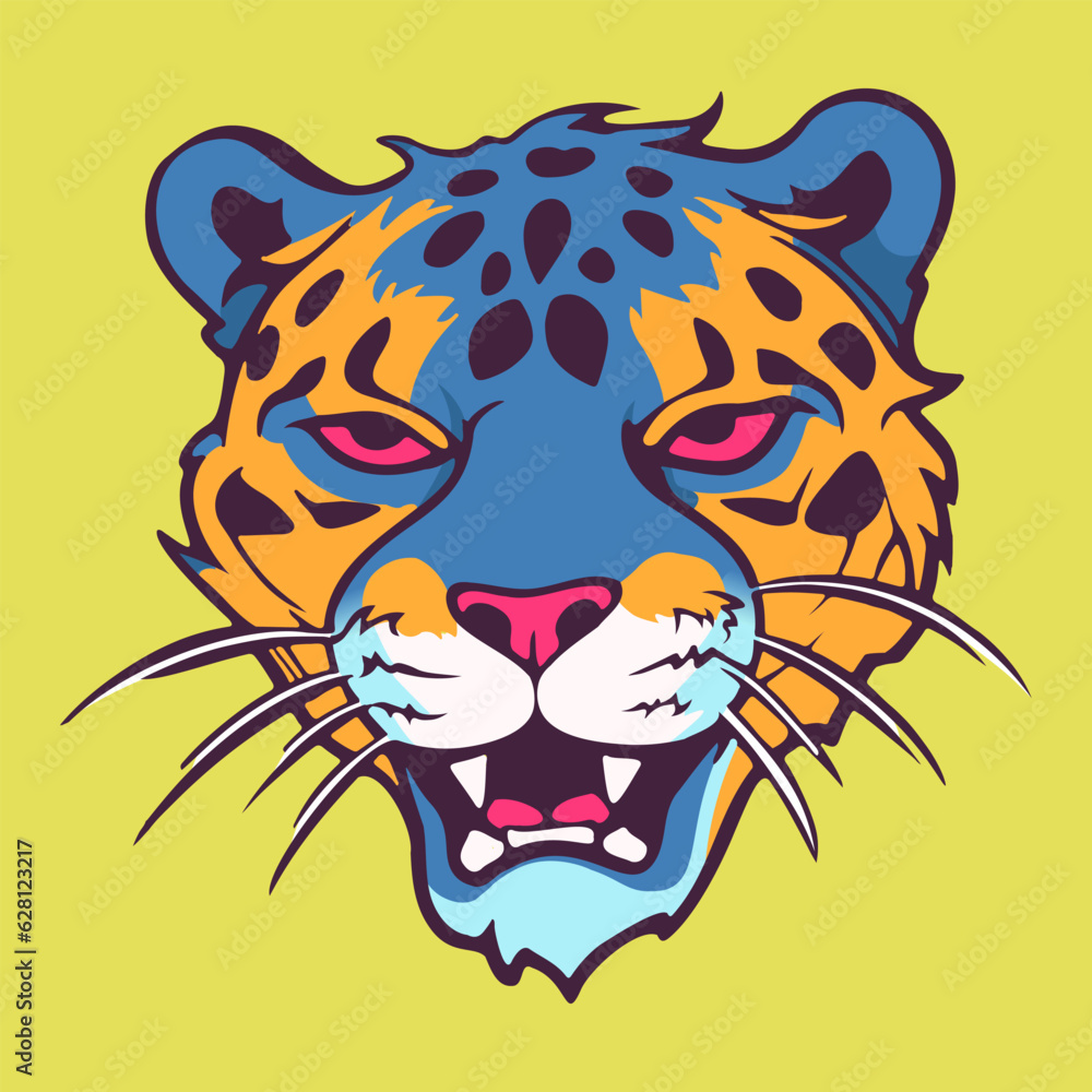 Fototapeta premium Trippy style colorful jaguar head on yellow-green background vector illustration. American 70s 80s cartoon style monster charachter. Unique feline mascot. Groovy style art for poster, logo, userpic.