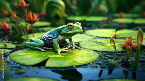 green frog on lily pads water