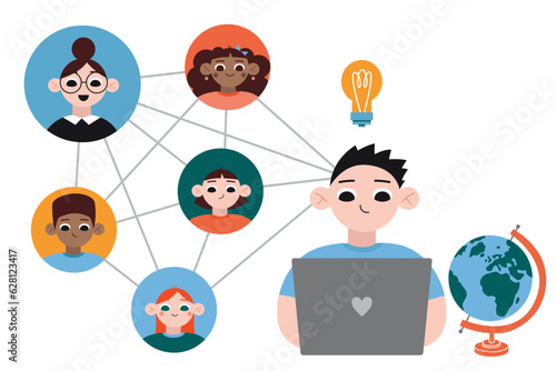 Teenage boy using laptop computer to study and connections with his class, classmates and teacher, cartoon style. Trendy modern vector illustration isolated on white, hand drawn, flat design