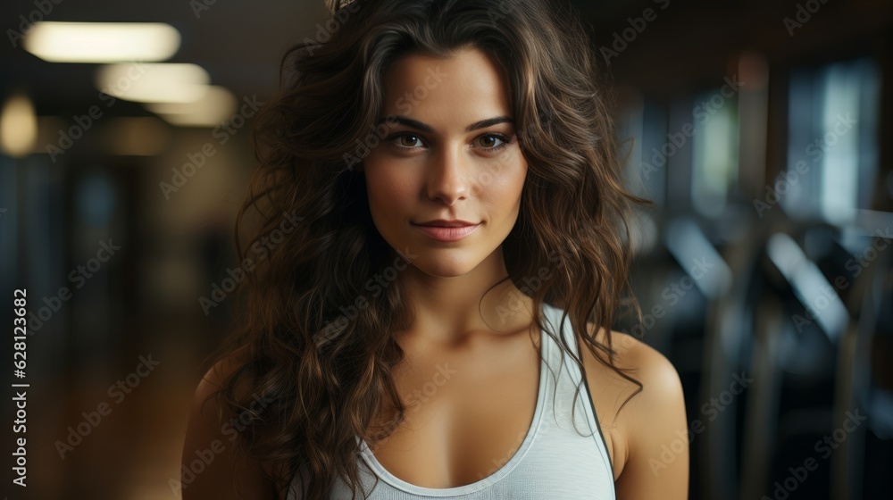 centered portrait shot of a gorgeous woman wearing a sporty dress in a gym