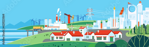 Landscape Various energy industries gas, oil rig, electric alternative factory transmit distribution electricity supply to power the city, settlement and housing area