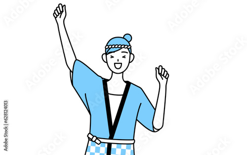 笑顔でジャンプする夏祭りの法被を着た女性