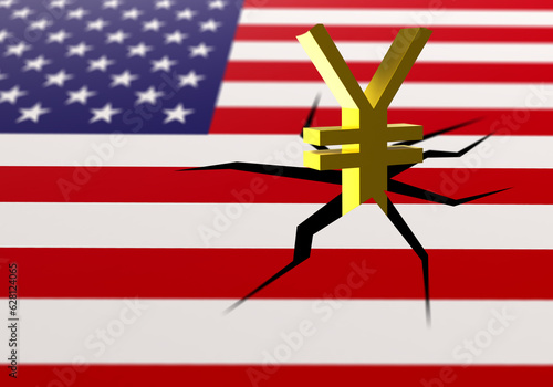 USA flag with crack. Yuan l...