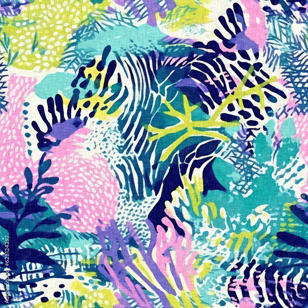 Tropical modern coastal pattern clash fabric coral reef print for summer beach textile designs with a linen cotton effect. Seamless trendy underwater kelp and seaweed repeat background