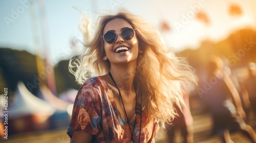 A portrait shot of a happy blonde lady wearing glasses on the beach, summertime