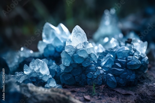 Illustration of blue crystals sitting on top of a rock, created using generative AI
