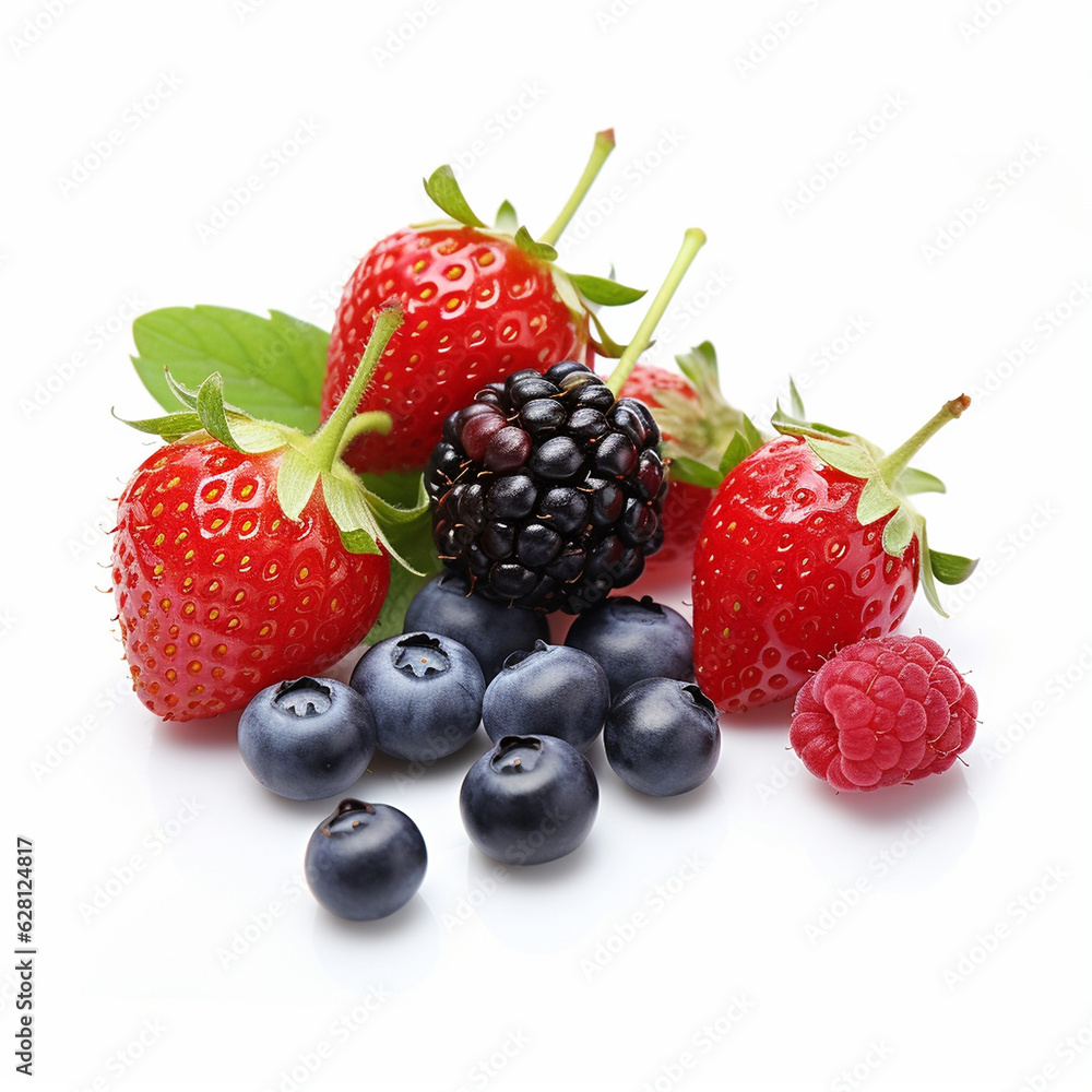 Himbeeren und Blaubeeren Brombeeren und Erdbeeren auf weißen Untergrund Nahaufnahme, ai generativ Himbeeren und Blaubeeren Brombeeren und Erdbeeren auf weißen Untergrund Nahaufnahme, ai generativ