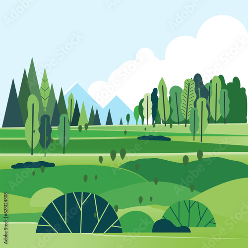 Natural green spring landscape park or forest outdoor background with mountains Environmentally friendly natural flat illustration