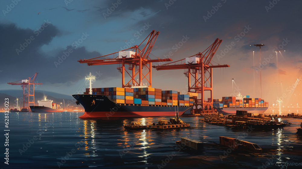 a serene evening at the sea cargo port, with container ships softly lit by the glow of lampposts as loading operations continue Generative AI