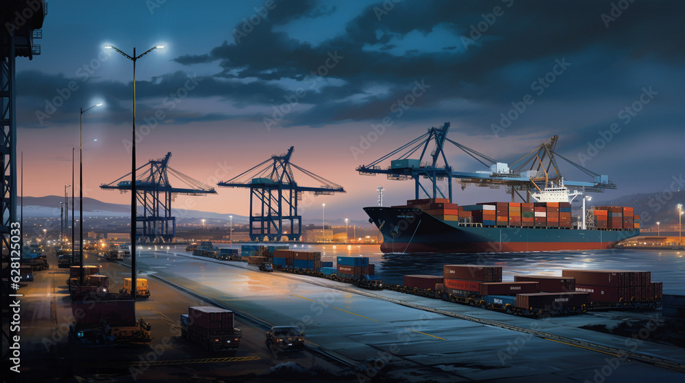 a serene evening at the sea cargo port, with container ships softly lit by the glow of lampposts as loading operations continue Generative AI