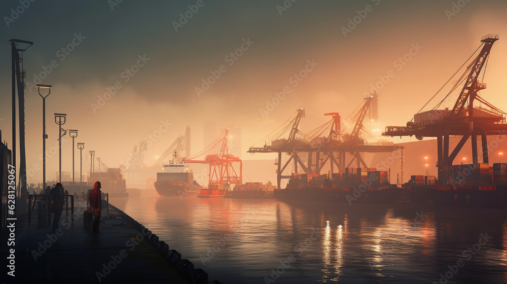 a serene scene of a sea cargo port in the early morning mist, with workers quietly going about their tasks amidst a tranquil atmosphere Generative AI