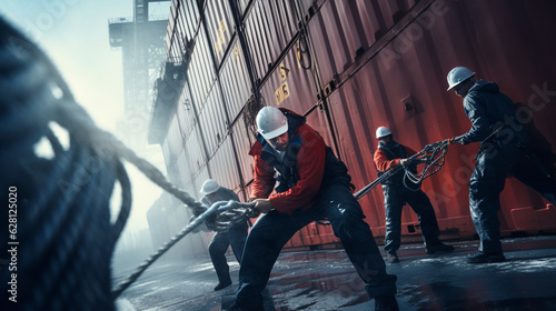 a vivid image of workers securing containers on the ship with ropes and chains, ensuring a safe and stable cargo load Generative AI
