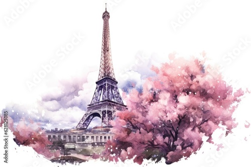 Fototapeta Naklejka Na Ścianę i Meble -  Watercolor Eiffel Tower and cherry blossom trees. Spring in Paris. Generative AI
