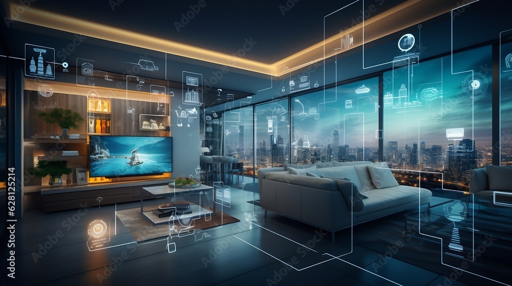 Smart home interface with augmented realty of iot object interior design, featuring various connected devices and appliances AI.