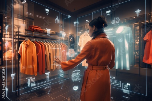Augmented reality technology concept applied to the fashion industry, providing immersive and innovative clothing shopping and trying on experiences, Generative AI