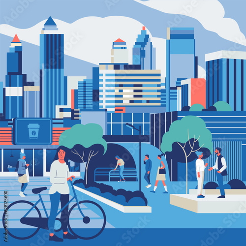 People walking along city street. Modern urban lifestyle scene with pedestrians, cyclist citizens going on sidewalks and buildings. Cityscape panorama monochrome