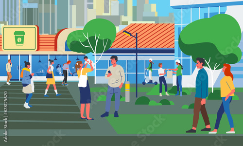 People walking along city street. Modern urban lifestyle scene with pedestrians, citizens going on sidewalks and buildings. Cityscape