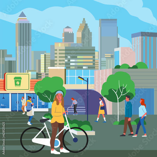 People walking along city street. Modern urban lifestyle scene with pedestrians, cyclist citizens going on sidewalks and buildings. Cityscape panorama