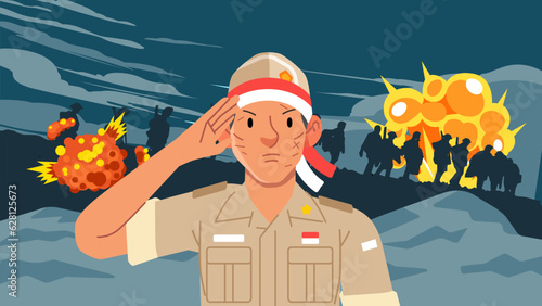 Portrait of indonesian soldier giving salute with explosion war background and silhouette of longmarch soldier of independence war
