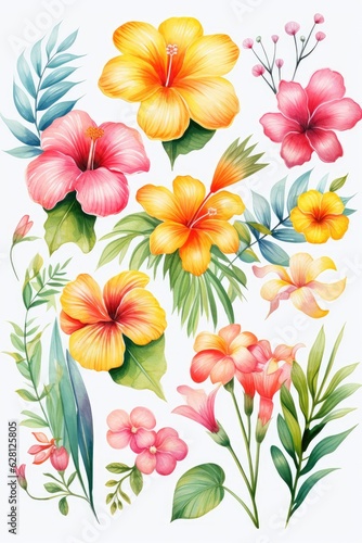 watercolor plumeria elements isolated on white, AI Generated