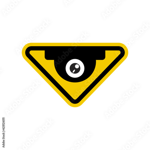 Video surveillance triangular sign with dome camera icon. Cctv warning symbol. 
