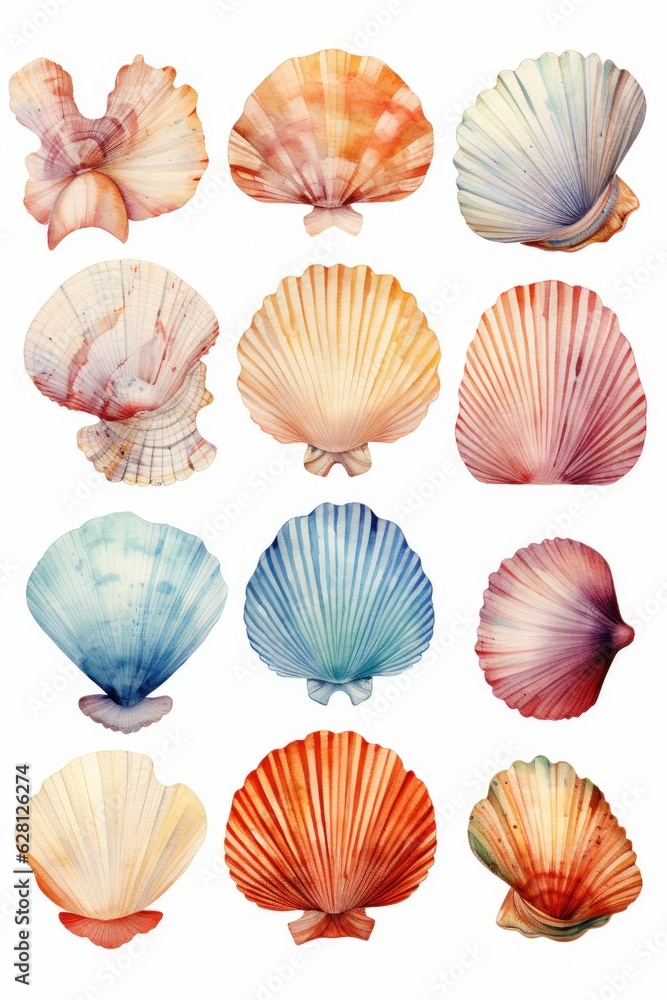 watercolor set of seashells isolated on white, AI Generated watercolor set of seashells isolated on white, AI Generated