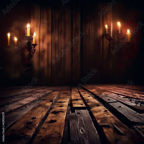 Spooky halloween background with empty wooden planks dark horror background. MADE OF AI