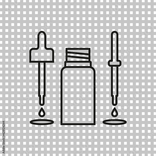 Pharmacy vial bottle with pipette and dropper. Vector in linear and outline style on transparent background.